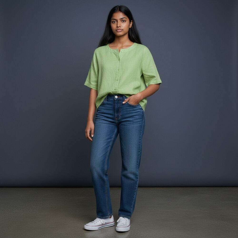 Christopher & Banks Linen Blend Top Sz M Lime Green Minimalist Blouse